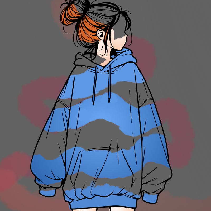 realistic girl with a oversized sweatshirt on and a bun