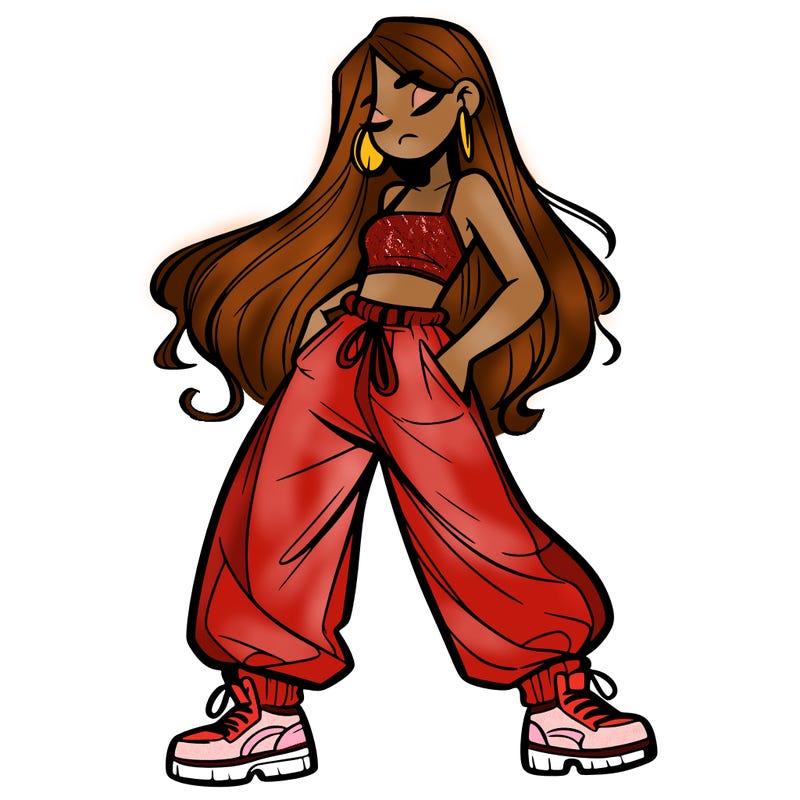 girl in baggy pants crop top and long hair