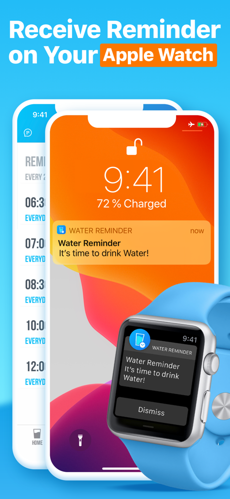 Water Reminder - Daily Tracker - Un iPhone y Apple Watch mostrando una notificación push que dice que es hora de beber agua de la aplicación Water Reminder.