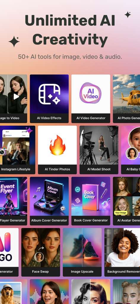 50+ AI Design Tools: MagicShot - Ein Raster mit über 50 KI-Tools in der MagicShot-App zur Inhaltserstellung, einschließlich Videoeffekte und Fotogenerierung.