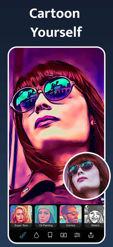 Instant Toon: Cartoon Art Cam - Screenshot dell'app Instant Toon che mostra il ritratto di una donna trasformato in uno stile cartoon art vivace