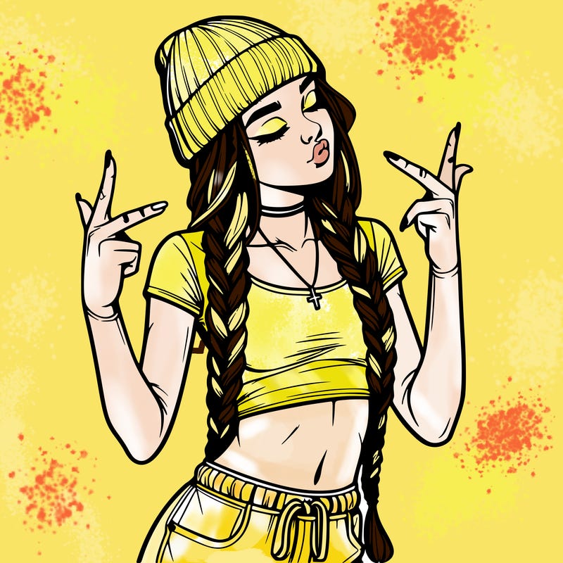 realistic teenage girl with braids and a beanie and crop top doing 🫶🏼