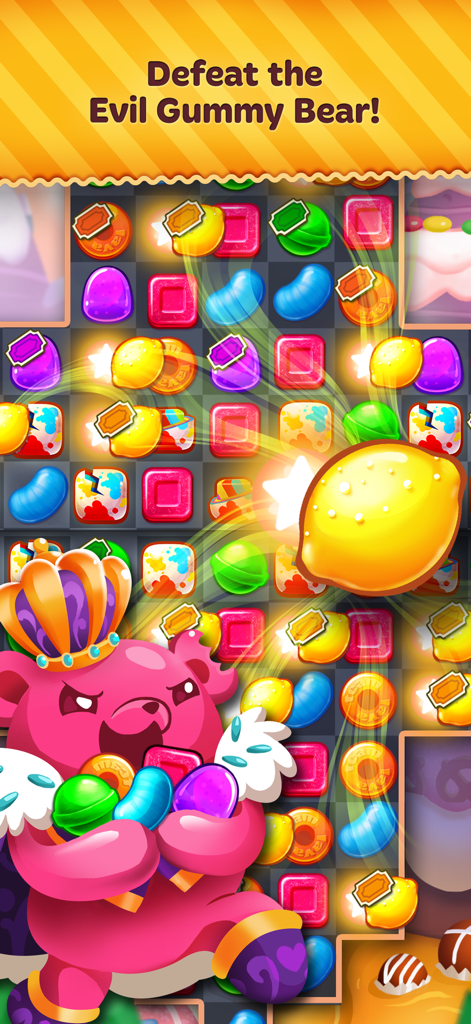 Gameplay screenshot of Candy Blast Mania showing a match 3 puzzle board and the Evil Gummy Bear King boss.