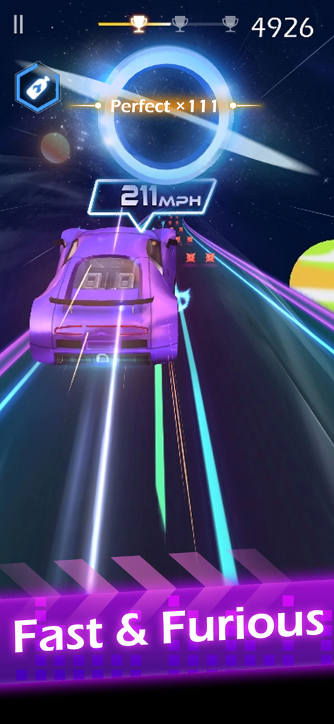 Beat Racing - Um carro esportivo roxo correndo em uma pista de música neon em um ambiente temático espacial.