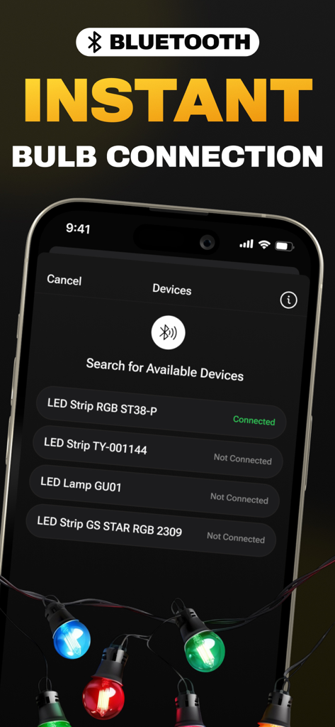 Une interface de smartphone montrant une liste d'appareils LED Bluetooth disponibles pour une connexion instantanée