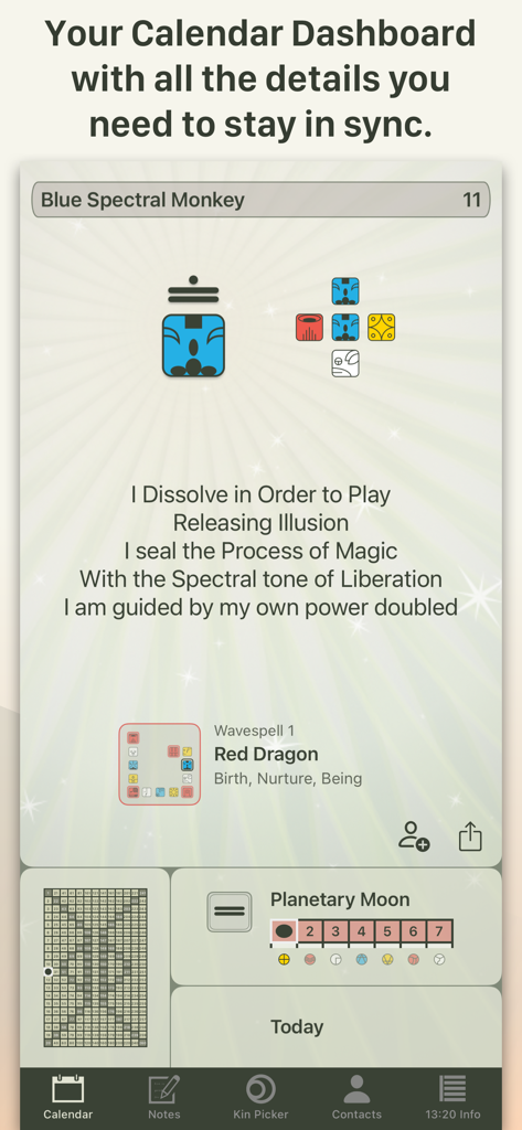 13:20:Sync - 13:20:Sync app interface showing the Mayan Dreamspell calendar dashboard with a daily Kin reading for Blue Spectral Monkey.