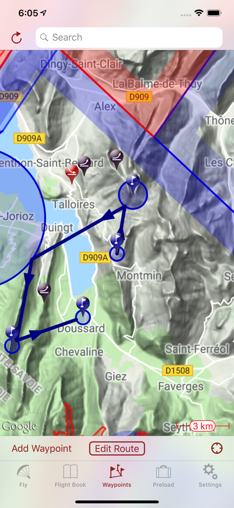 Flyskyhy - Topographic map in Flyskyhy app displaying a planned flight route with waypoints and airspaces