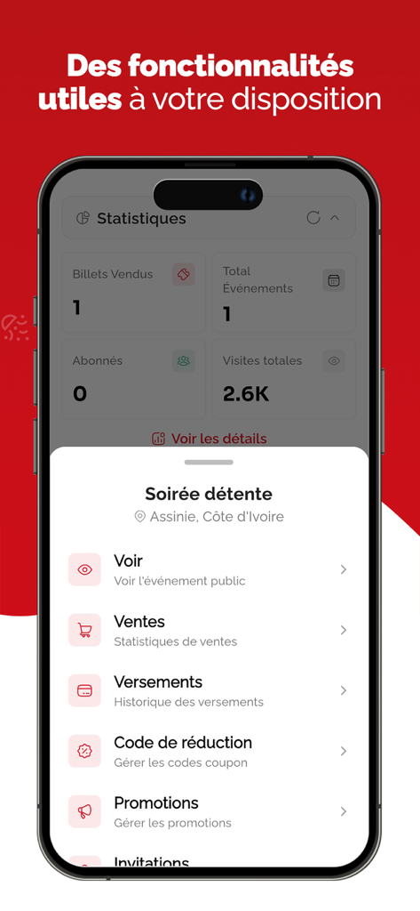 Tikerama - イベント統計と主催者管理ツールを表示するTikeramaモバイルアプリ画面。