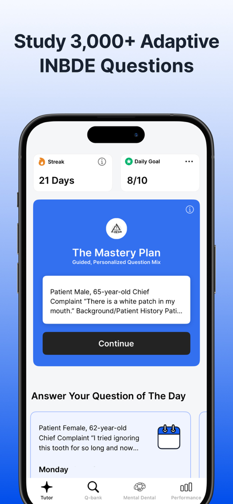Dental Boards Mastery app interface showing a personalized INBDE study plan and daily progress tracking