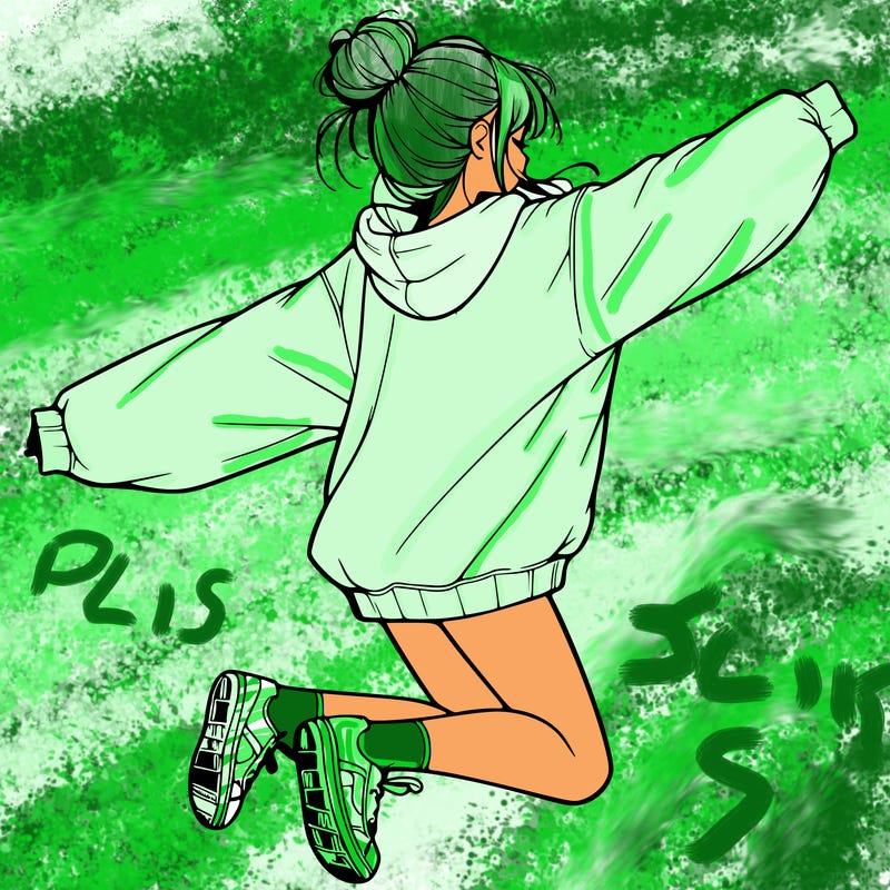 realistic girl jumping with a bun and oversized sweatshirt