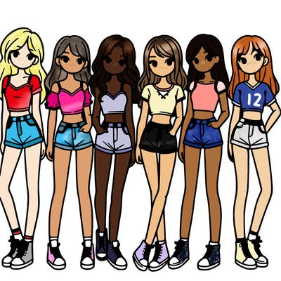 a group of girls wearing crop tops and shorts