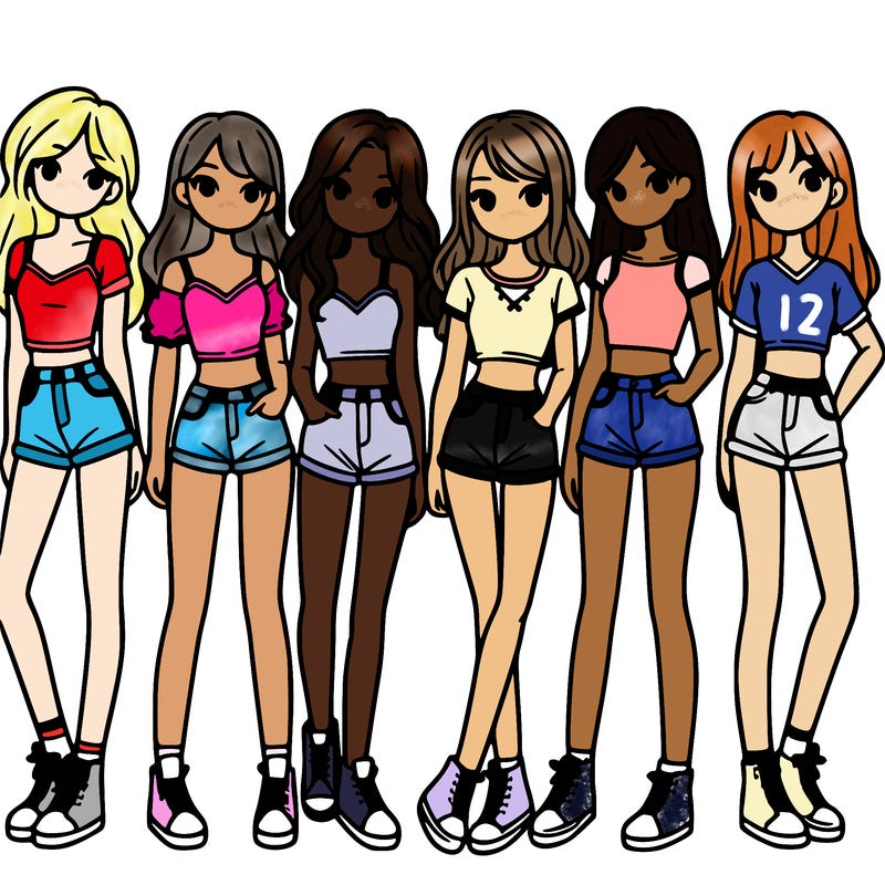 a group of girls wearing crop tops and shorts