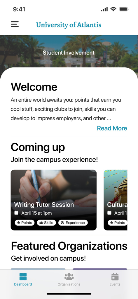 Modern Campus Involve - Modern Campus Involve app dashboard for University of Atlantis showing upcoming student events and featured organizations.