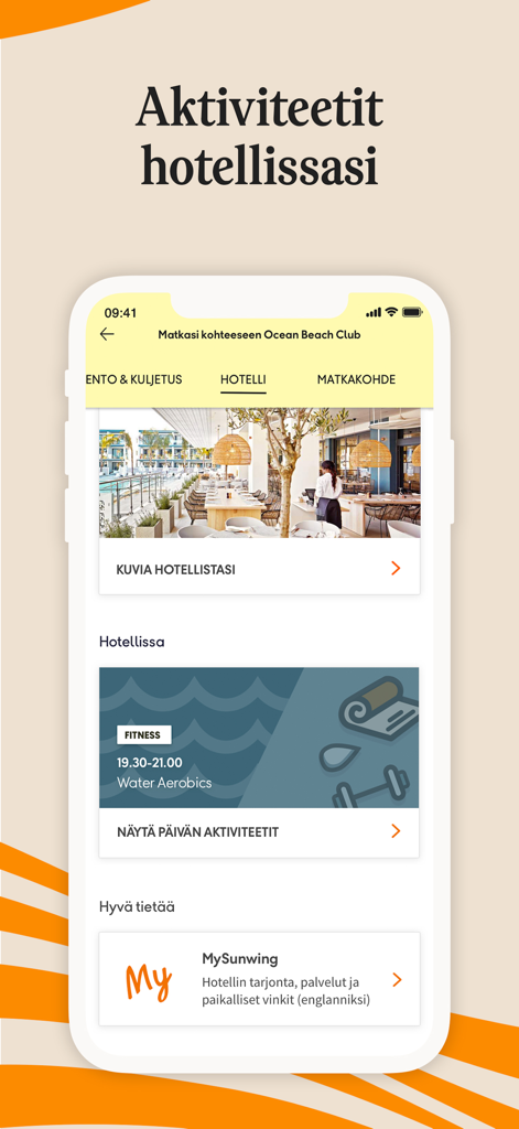 Tjäreborg – Matkat mukanasi - Tjäreborg mobile app screen showing hotel activities and fitness schedules