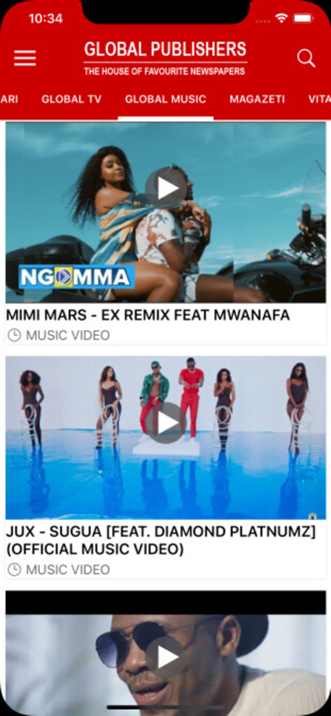 Global Publishers - Sección de videos musicales de la aplicación Global Publishers con artistas tanzanos