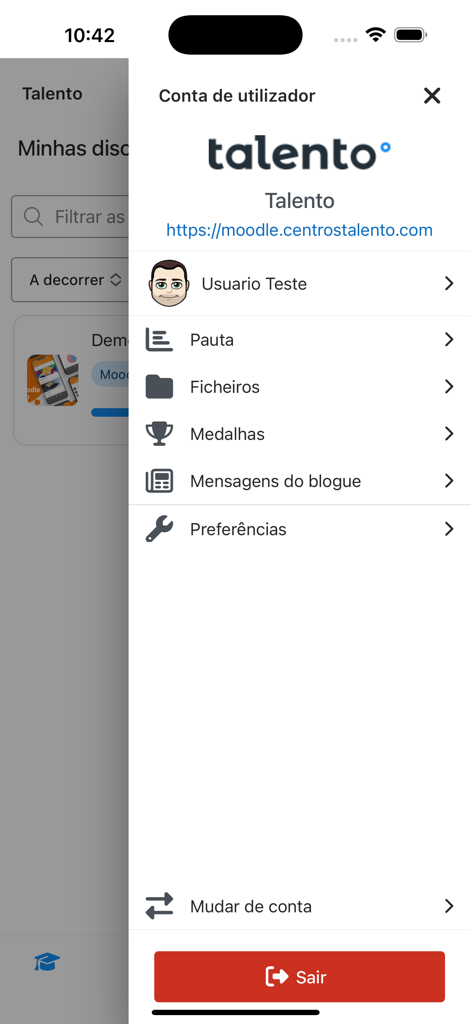 Talento Moodle - Talento Moodle user account menu showing settings and profile options