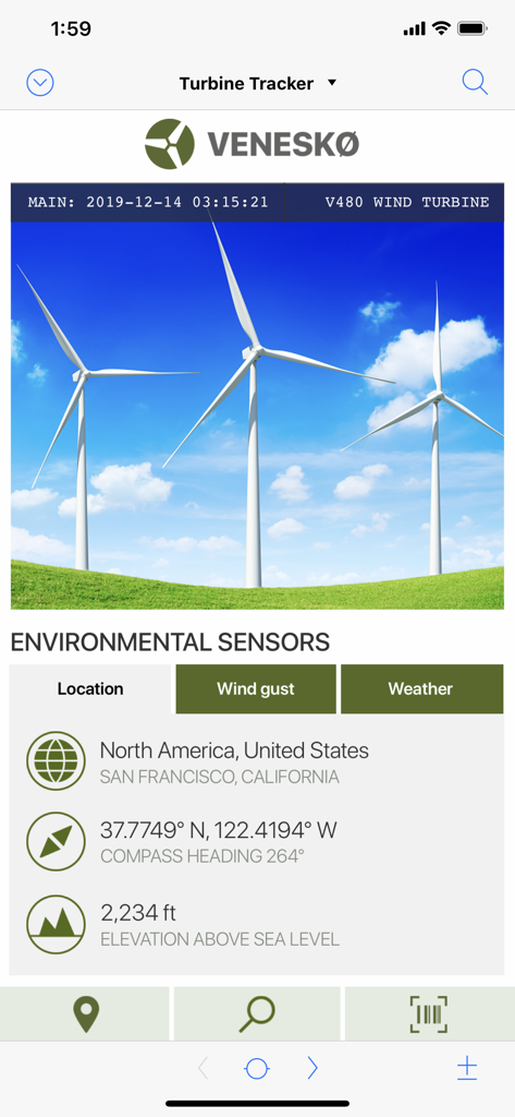 Interfaccia di Claris FileMaker Go 2025 che mostra una dashboard per il monitoraggio delle turbine eoliche con dati di posizione e sensori