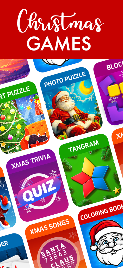 Christmas Games. - A festive display of Christmas-themed mini-game tiles including Santa puzzles, holiday trivia, tangrams, and Xmas songs.