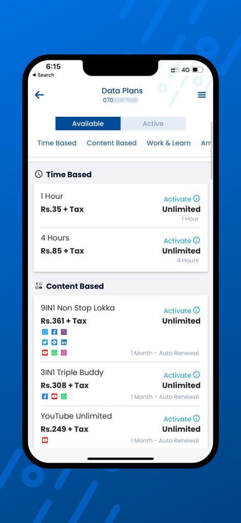 Mobitel Selfcare app screen displaying various time based and content based data plans for selection