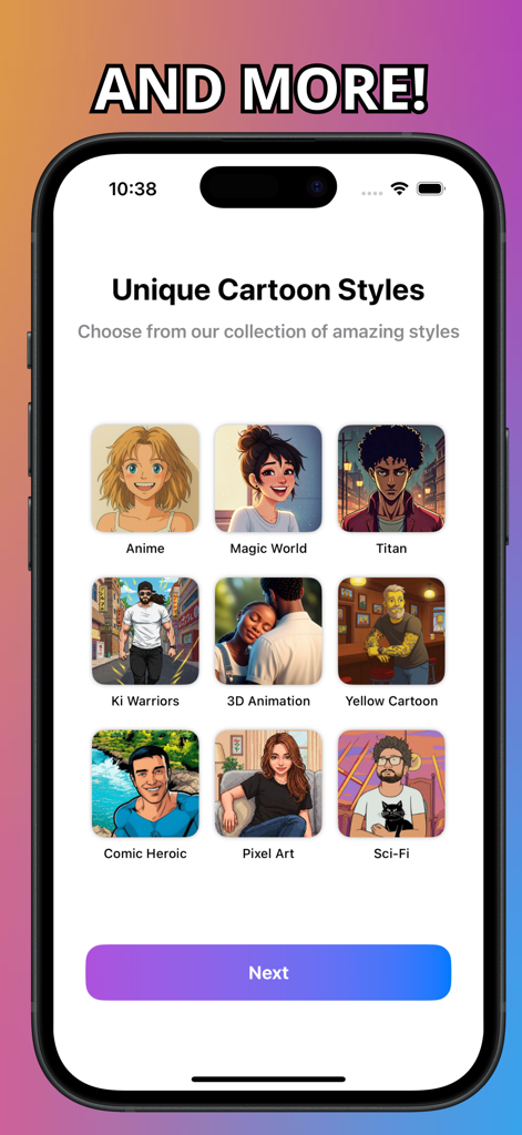 Cartoon Yourself: ToonMe - Interfaz de la aplicación ToonMe que muestra varios filtros de dibujos animados, incluyendo anime, mundo mágico y arte de píxeles
