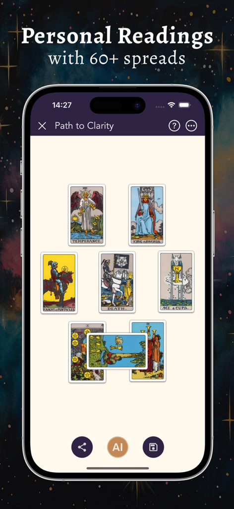 Tarot & Runes: Daily Readings - Un smartphone mostrando una tirada de cartas del Camino hacia la Claridad en la aplicación Tarot y Runes