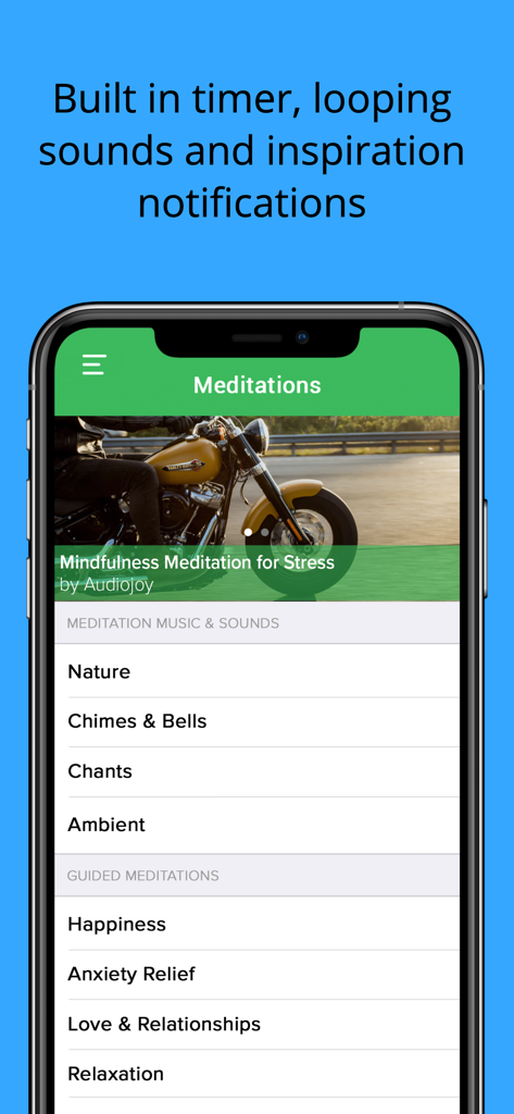Spectrum Meditation - Spectrum Meditation 앱 화면에 스트레스 및 불안 해소를 위한 명상 카테고리 및 가이드 세션이 표시됩니다.