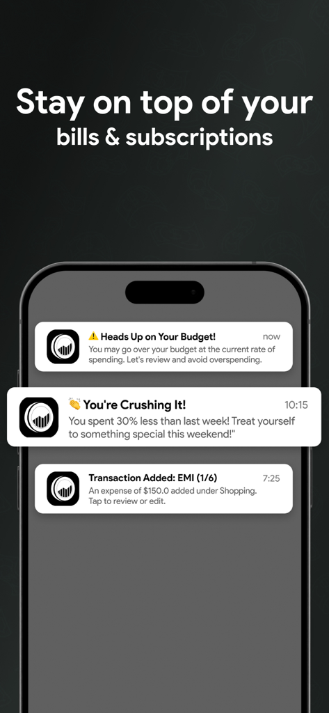 Expense Manager & Budgeting - 経費マネージャーアプリからの予算アラートと支出通知を表示するiPhone画面