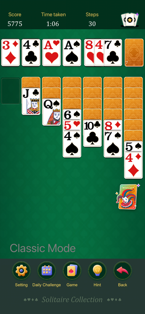 Classic Solitaire Collection! - Interfaz del juego de cartas Classic Solitaire con fondo verde e iconos de juego