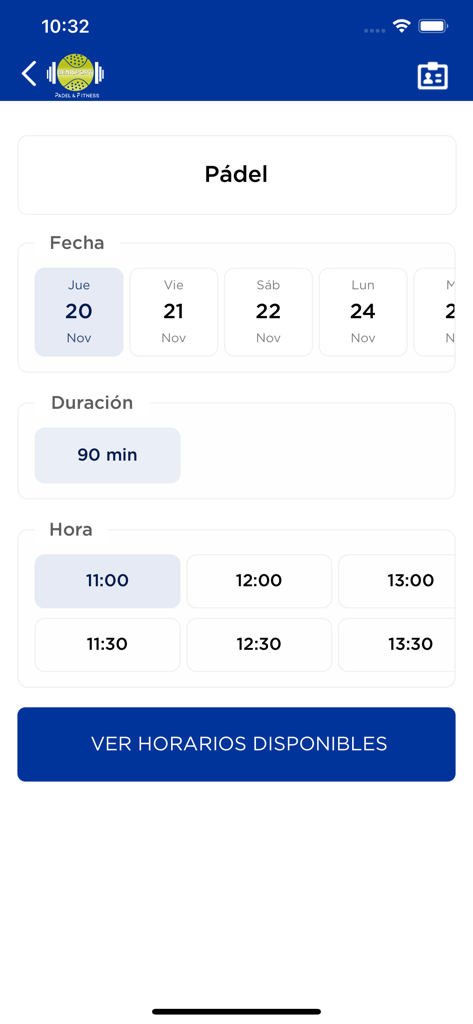 BENISPORT - BENISPORT app interface for scheduling a padel match with date and time options