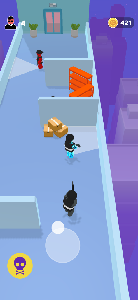 Top down gameplay view of Super Cloner 3D showing a character navigating an indoor level with obstacles and guards