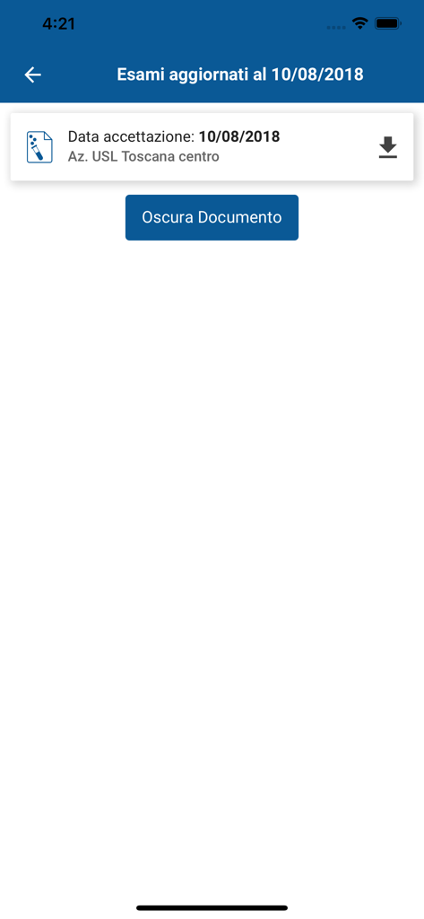 Medical exam results list in the Toscana Salute mobile app with download and hide options