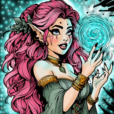 realistic magical beautiful female orc with oversized features casting spells