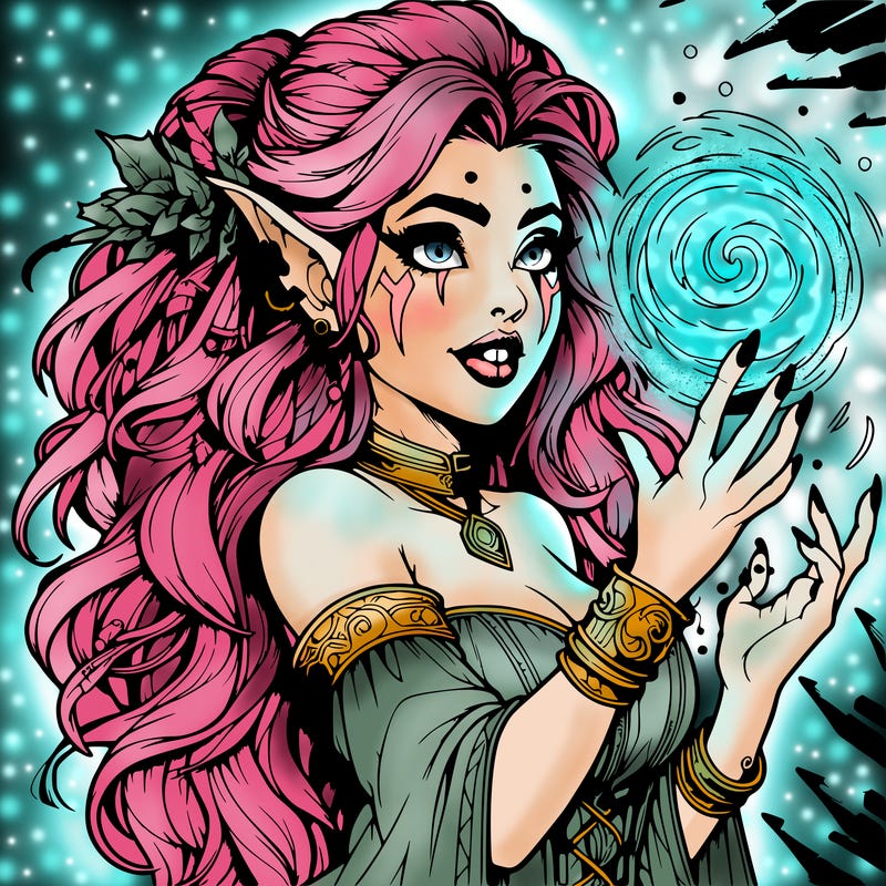 realistic magical beautiful female orc with oversized features casting spells