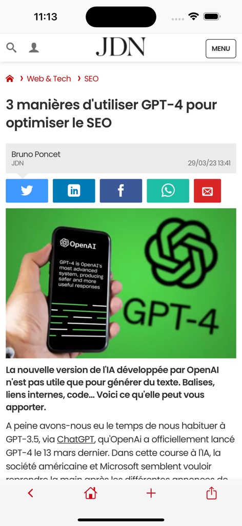 Journal du Net - A Journal du Net mobile app screen showing an article on using GPT-4 for SEO