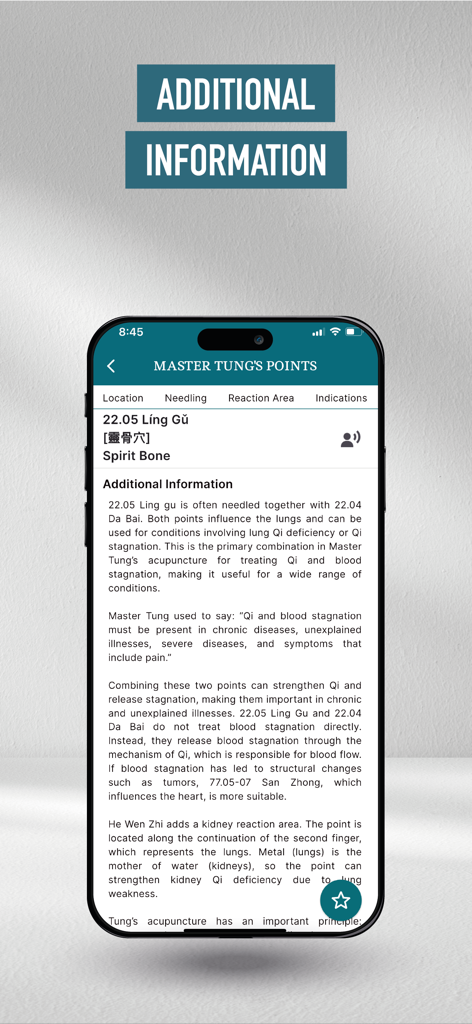 Master Tung's points - A mobile screen showing detailed clinical information and therapeutic notes for the Ling Gu acupuncture point in the Master Tung's points app.
