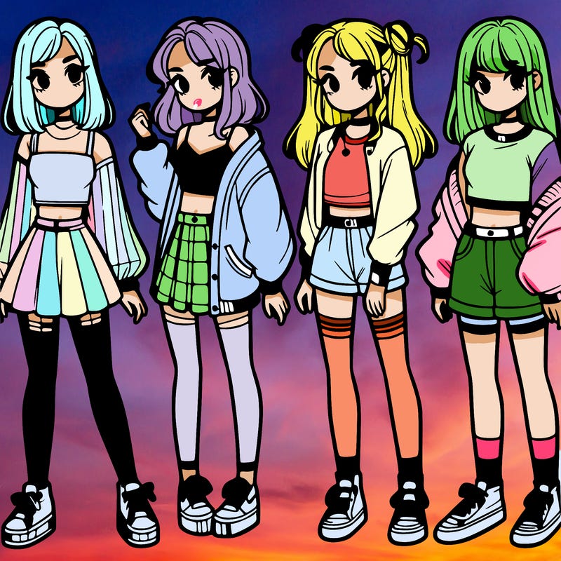 one girl with crop-top shirt and a jacket with a skirt, long socks and another girl with a shirt and pants with a jacket