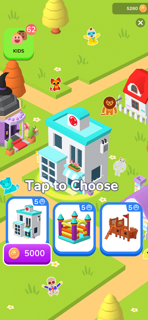 Love Archer 3D - A gameplay screenshot showing a building selection menu with options for a hospital, bouncy castle, and playground in a vibrant garden.
