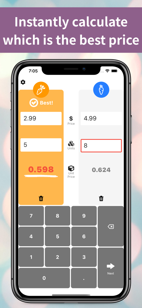 Shopping Unit Price Calculator - A mobile interface comparing unit prices of two grocery items to highlight the best deal