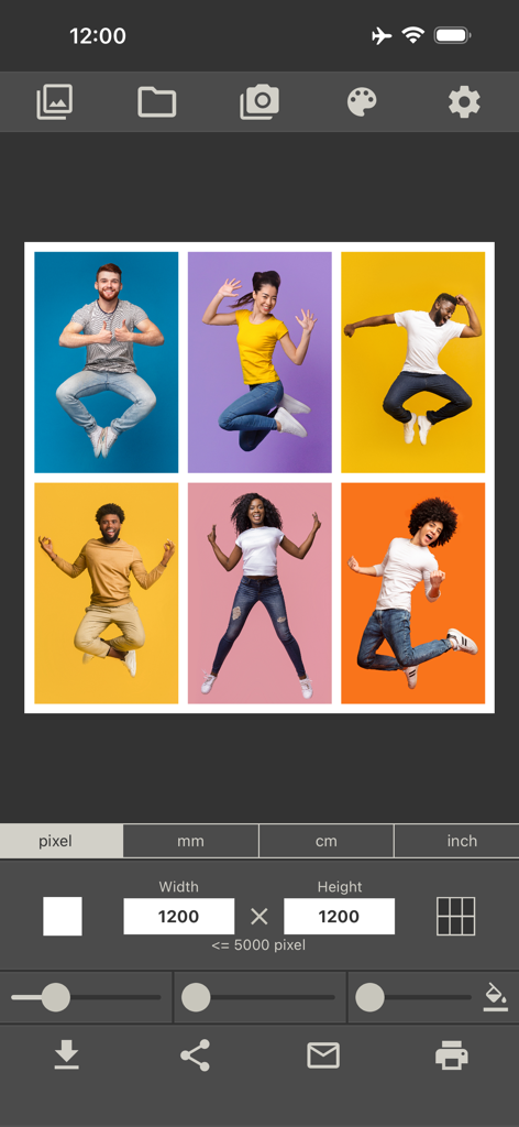 Photo Collage Maker & Printer - Interfaz de una aplicación creadora de collages de fotos que muestra una cuadrícula y configuraciones de ancho y alto en píxeles