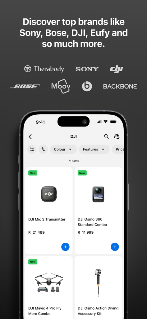 Mobile screen from the iStore South Africa app displaying premium tech brands and a catalog of DJI products including drones and cameras