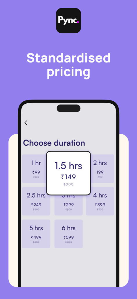 A mobile screen from the Pync app showing standardized hourly pricing options for home services