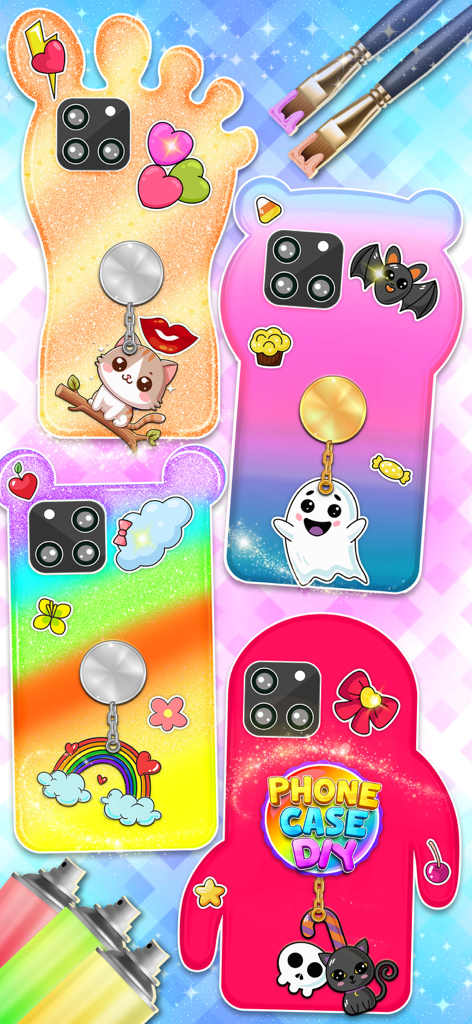 Uma coleção de capas de celular personalizadas e coloridas com glitter e adesivos fofos do jogo DIY Capas de Celular