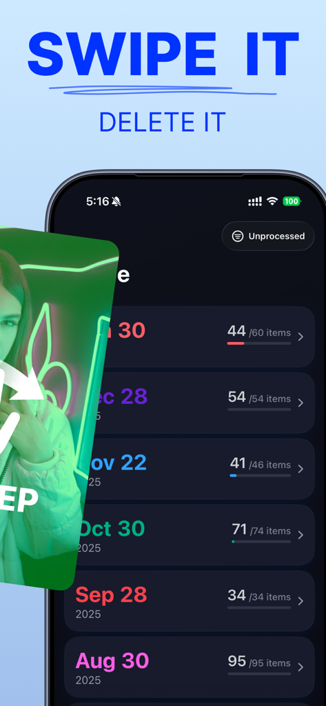 ClearMind:Photo Boost Cleaner - Interfaz de la app móvil ClearMind para deslizar y eliminar fotos