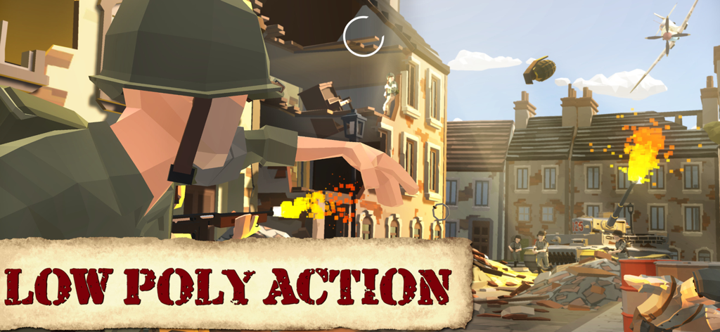 World War II Polygon Army - Escena de combate de baja poligonización de World War II Polygon Army con soldados y tanques en una ciudad destruida.