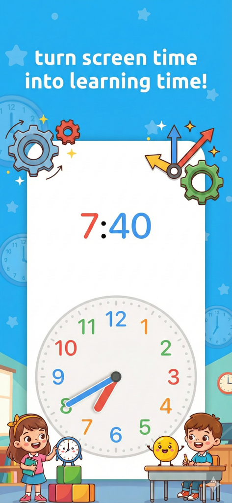 Telling Time For Kids App - Interactive analog clock interface with cartoon children for time learning