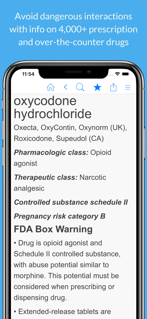 Nursing Dictionary by Farlex - Nursing Dictionary app interface displaying drug information and FDA warnings for oxycodone