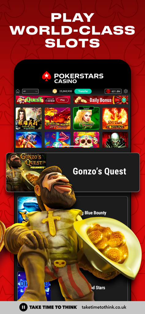 PokerStars Play Money Poker - PokerStars Casino App-Bildschirm, der erstklassige Slots mit dem Gonzo's Quest-Charakter im Vordergrund zeigt.