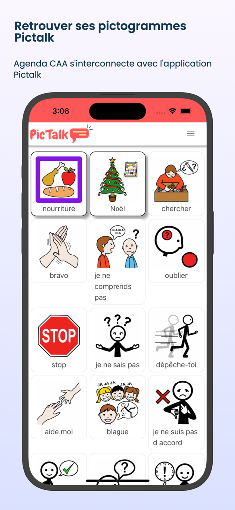 Pictalk Buddy: Autism Routine - Una pantalla de smartphone que muestra una cuadrícula de pictogramas de comunicación visual para apoyo en autismo dentro de la aplicación Pictalk Buddy.