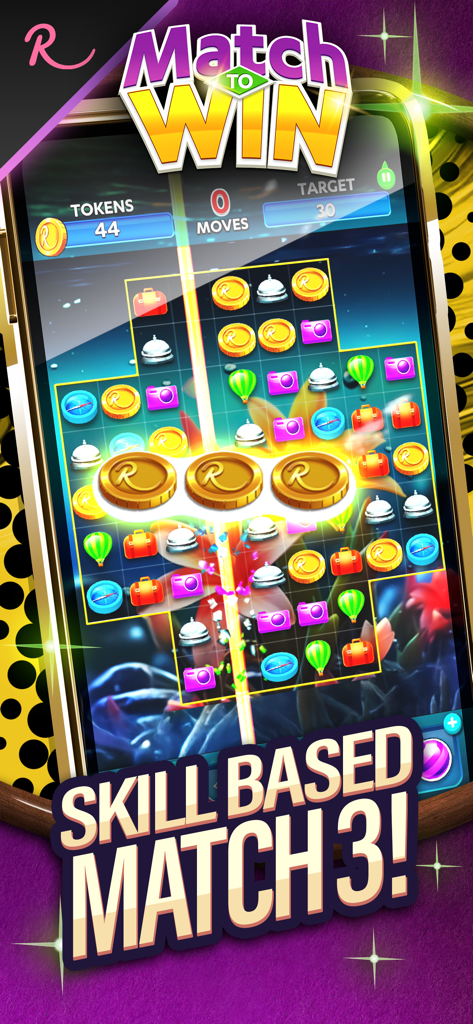 Match To Win: Real Money Games - Uno screenshot del gioco mobile Match To Win che mostra una tavola di puzzle match-3 basata sull'abilità sullo schermo di uno smartphone.