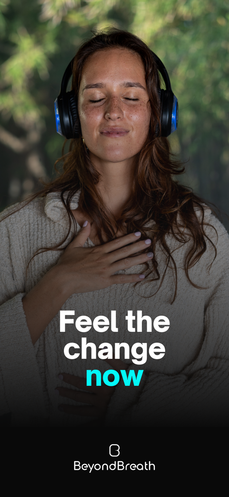 A woman wearing headphones practicing an immersive breathwork session with the BeyondBreath app